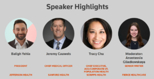 "Speaker highlights" graphic with two men and two women on a panel, including Jeremy Cauwels of Sanford Health